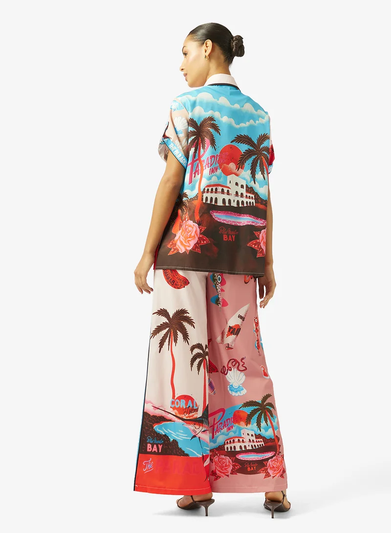 جينجر Oversize Satin Tropical Print Shirt & Pant Coord Set